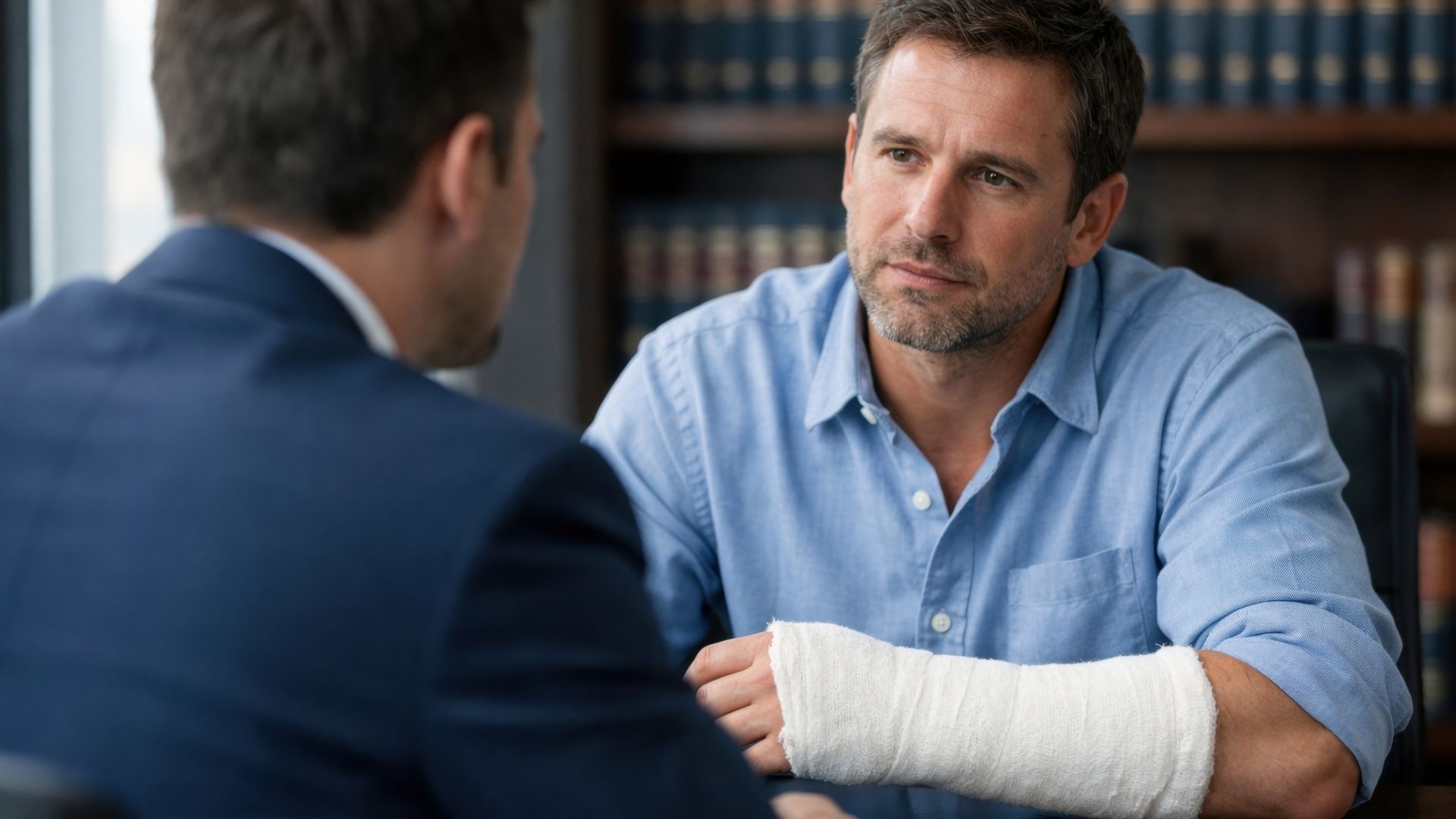 KB - man with broken arm talks to lawyer after a minor crash